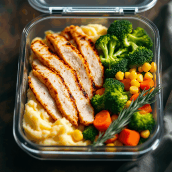 Tirinhas de frango + purê de batata inglesa + legumes