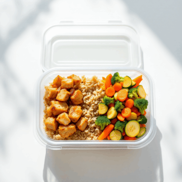frango em cubos acebolado + arroz integral + legumes