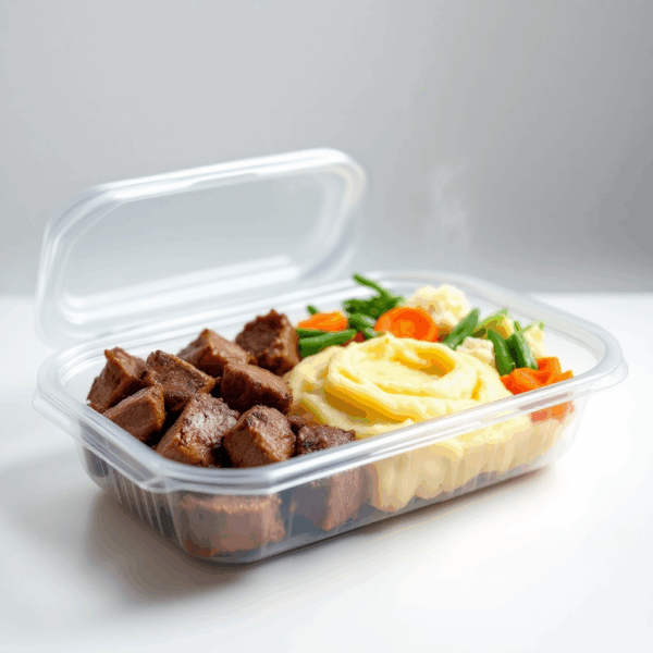 Carne bovina em cubos + purê de batata inglesa + legumes