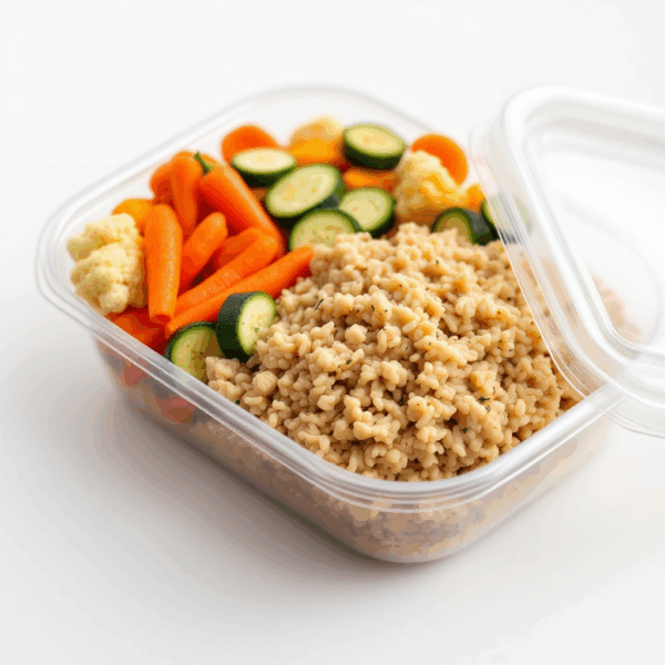 Proteína de soja texturizada + arroz integral + legumes
