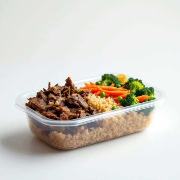 Carne desfiada + arroz integral + legumes