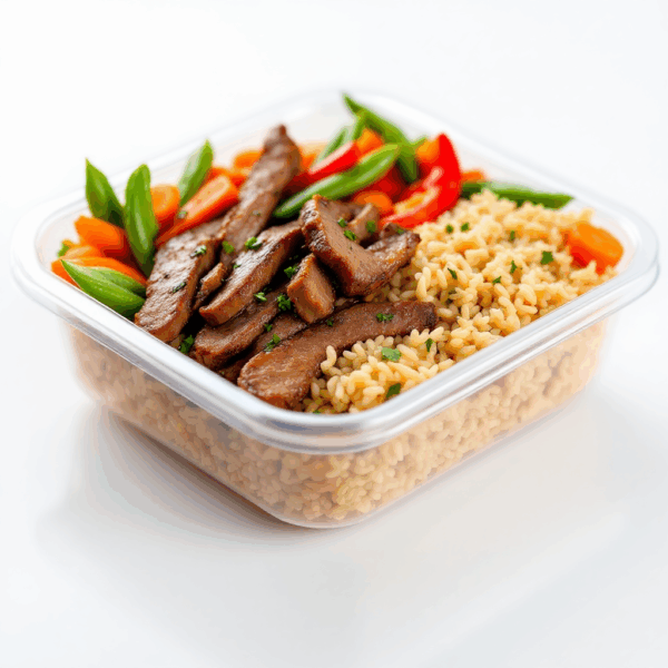 Tirinhas de carne + arroz integral + legumes