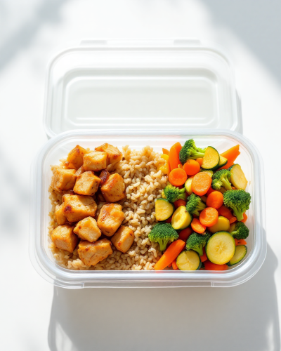 frango em cubos acebolado + arroz integral + legumes